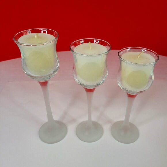 Set of Three Frosted Stem Votive Tealight Candle Holders - Picture 1 of 5